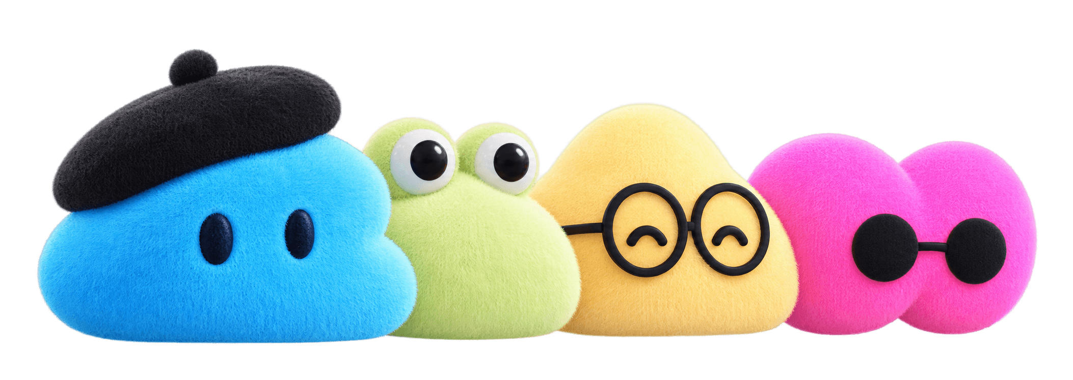 Four Dots characters in blue, green, yellow, and pink